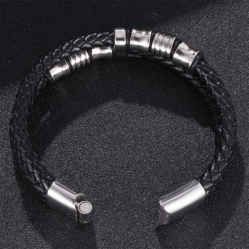 Schwarzes Leder Weave Armband mit silbernen Verschlüssen Flachaufnahme