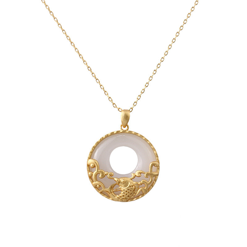 Anhänger Kette Weiße Jade Koi Wohlstand Gold