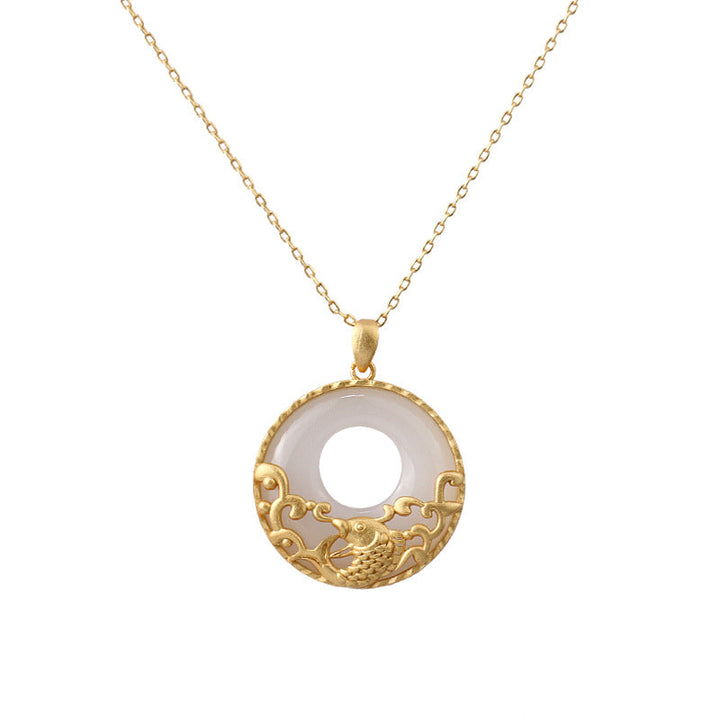 Anhänger Kette Weiße Jade Koi Wohlstand Gold