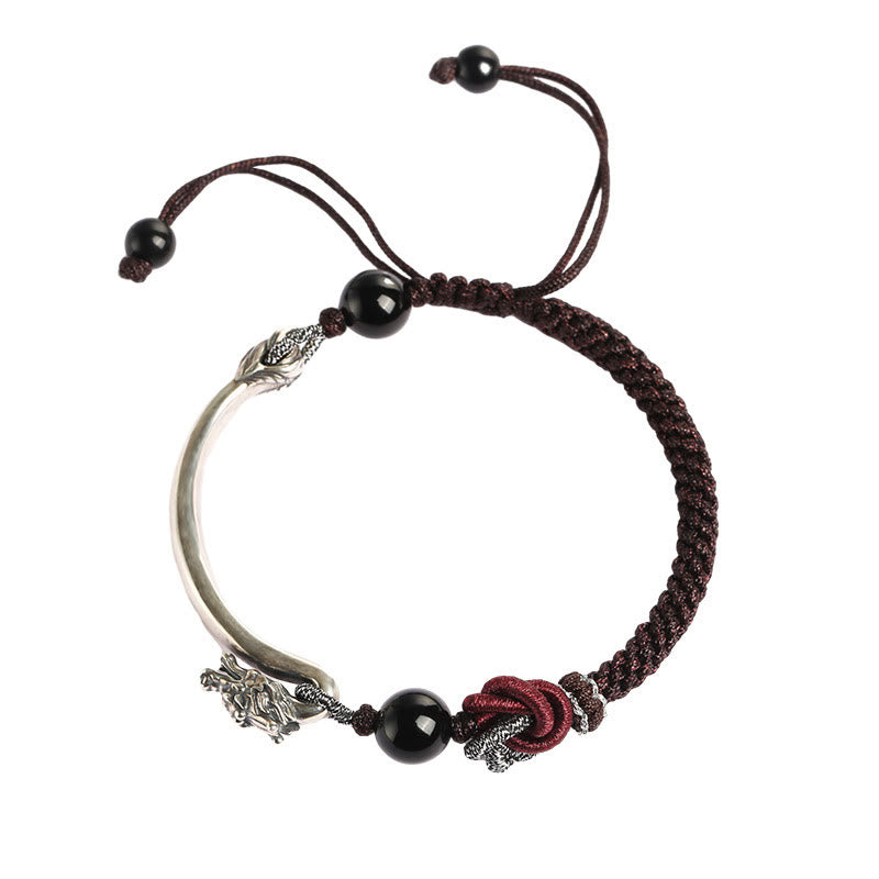 Armband 925 Silber Drachen mit schwarzen Obsidian Perlen elastisch verstellbar