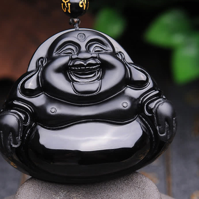 Anhänger Kette Obsidian Lachender Buddha schwarz Naturstein