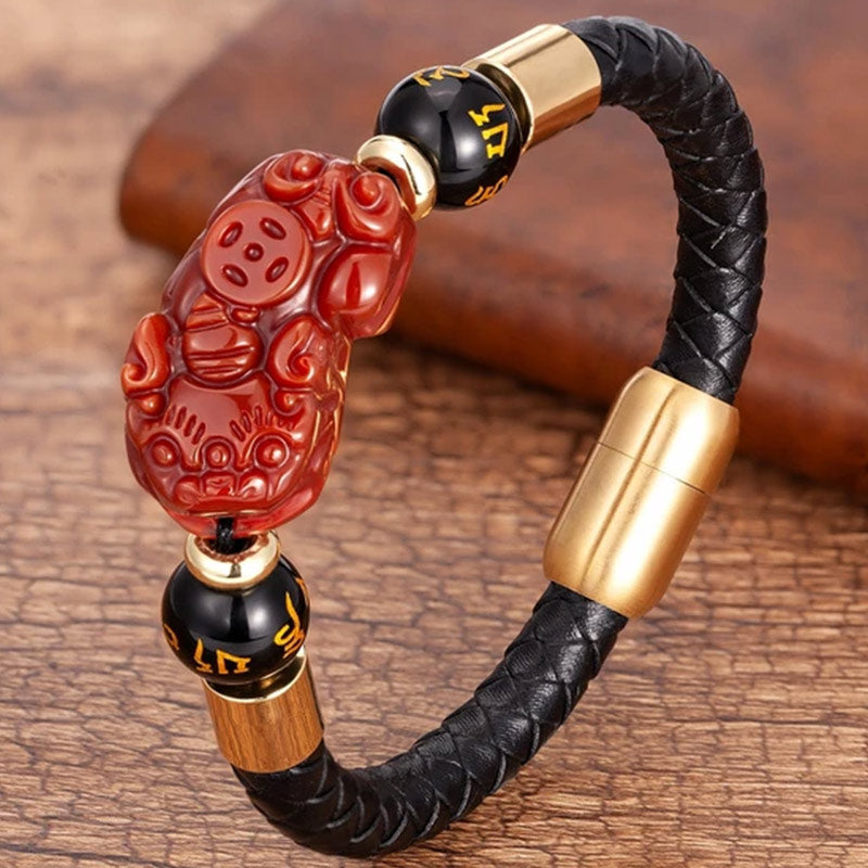 Armband Tigerauge Pixiu mit rotem Stein schwarzem Leder elegant