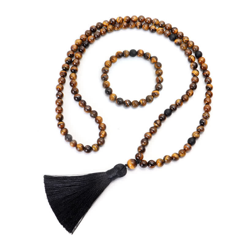 Mala 108 Perlen Tigerauge Schutz Quaste Meditation Spirituell Halskette