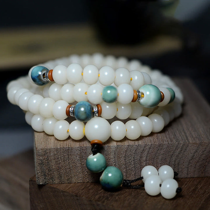 Mala 108 Perlen Bodhi Armband weiß Jade grün Naturstein elastisch