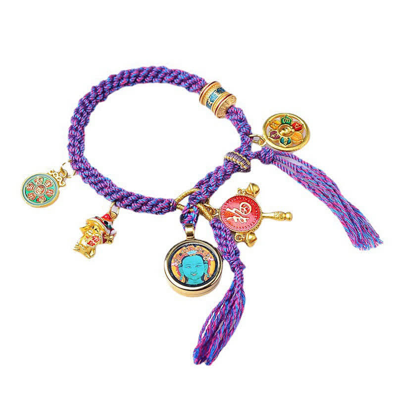 Armband – Glück & Wohlstand & Balance lila Seil mehrere Anhänger golden