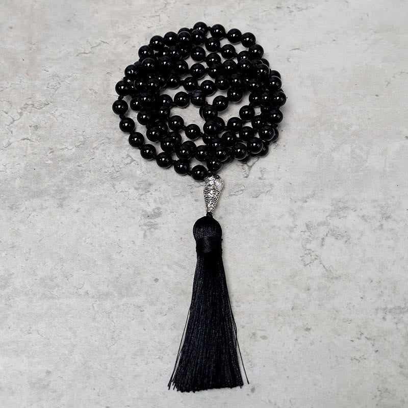 Mala 108 Schwarzer Onyx Halskette mit Quaste Flachlage Meditation Yoga