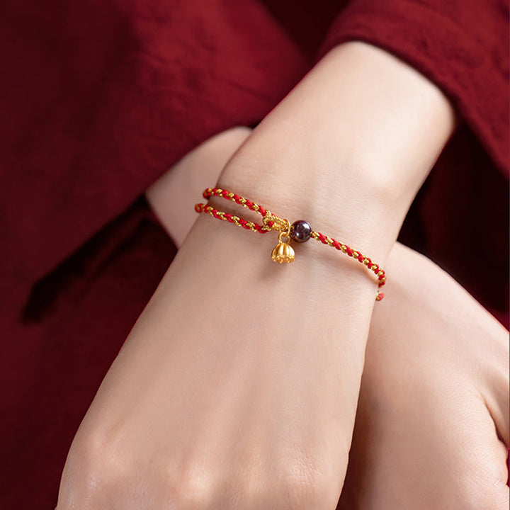 Armband Rot Gold Kordel Lotus Anhänger – Frieden Glück
