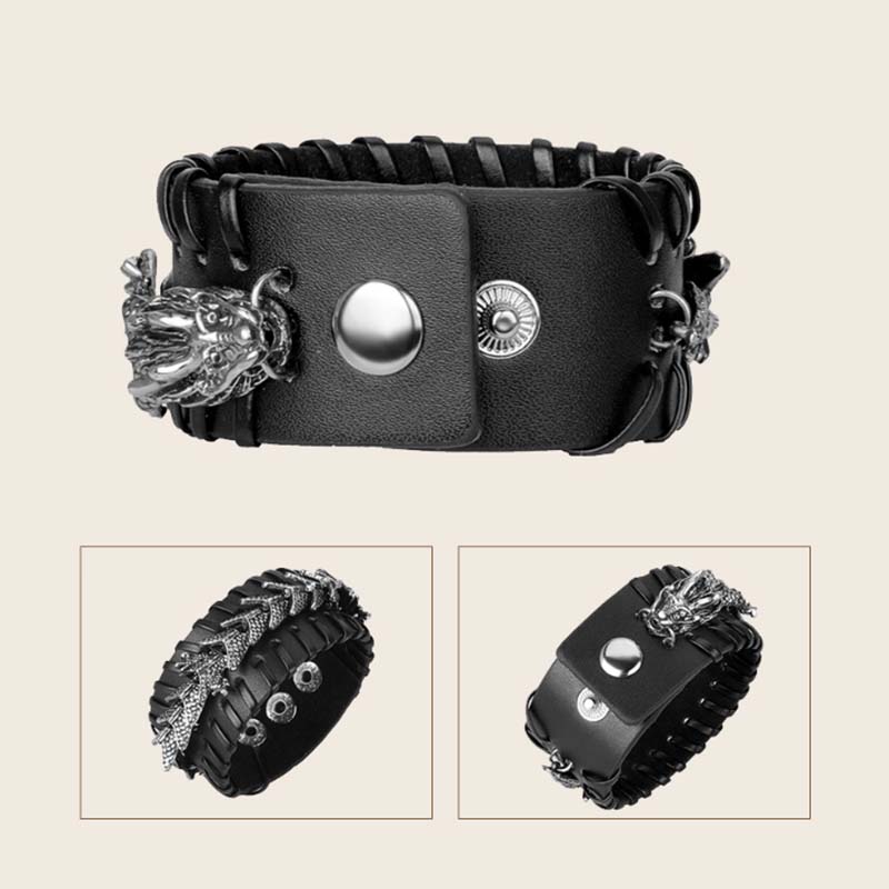 Schwarzes Leder Armband Drachen mit silbernen Ornamenten elegant.