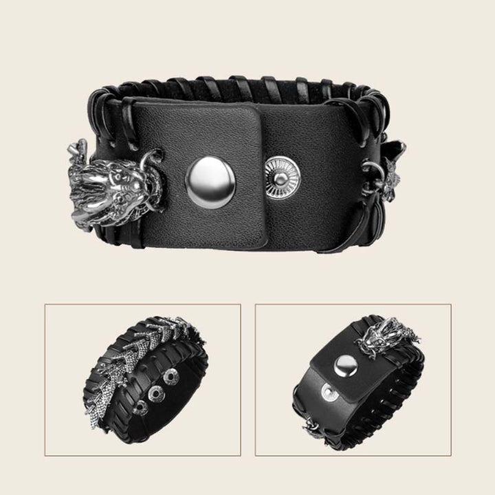Schwarzes Leder Armband Drachen mit silbernen Ornamenten elegant.
