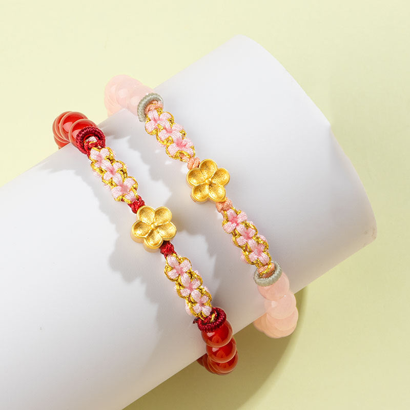 Armband 925 Silber Roter Achat goldene Blume rosa Perlen elastisch Handgelenk getragen