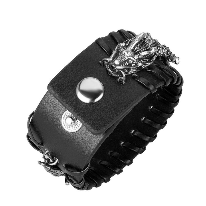 Schwarzes Leder Armband Drachen – Schutz & Harmonie mit Silberdetails