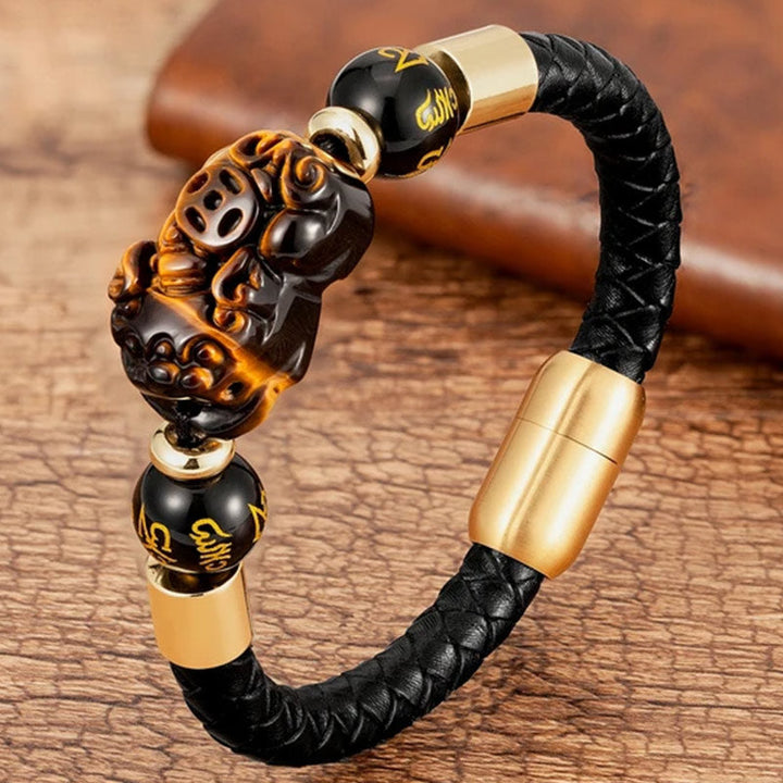 Armband Tigerauge Pixiu schwarzes Leder Gold Verschluss elegantes Design