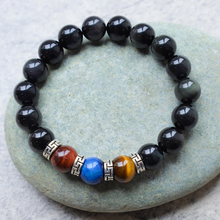 Armband Schwarzer Obsidian Tigerauge Stärke Energie mit Metallakzenten