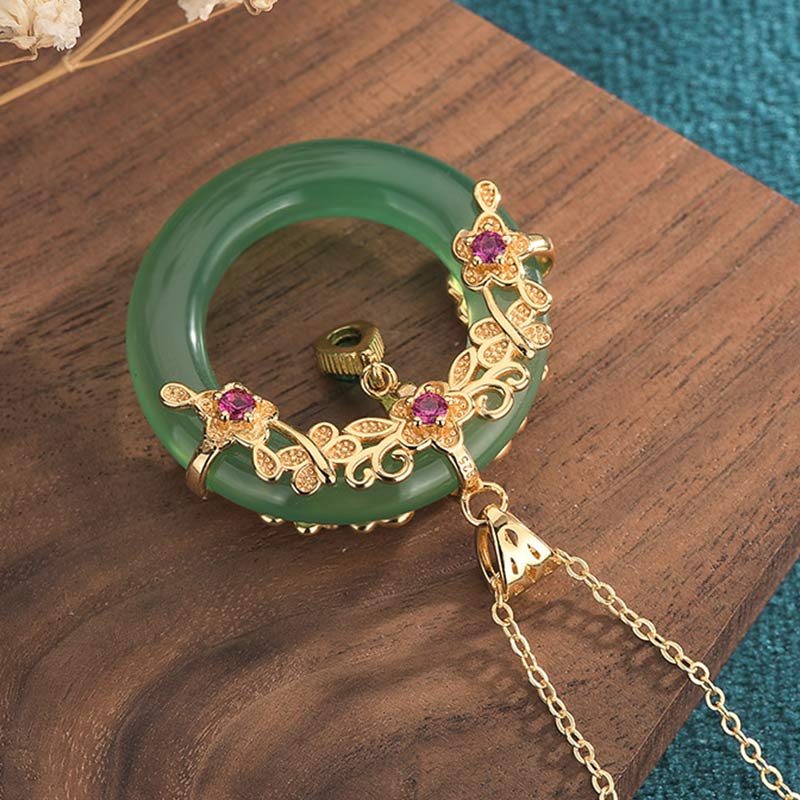 Kette Jade Lotus Blüte grüner Naturstein Anhänger Gold verziert Amethyst