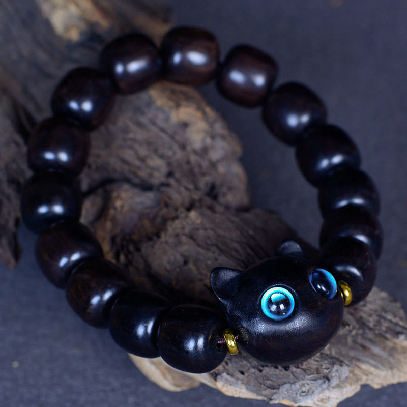 Armband Ebenholz Katze mit blauen Augen, elastisch, Naturstein schwarz