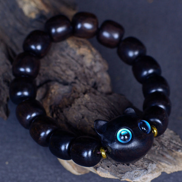 Armband Ebenholz Katze mit blauen Augen, elastisch, Naturstein schwarz