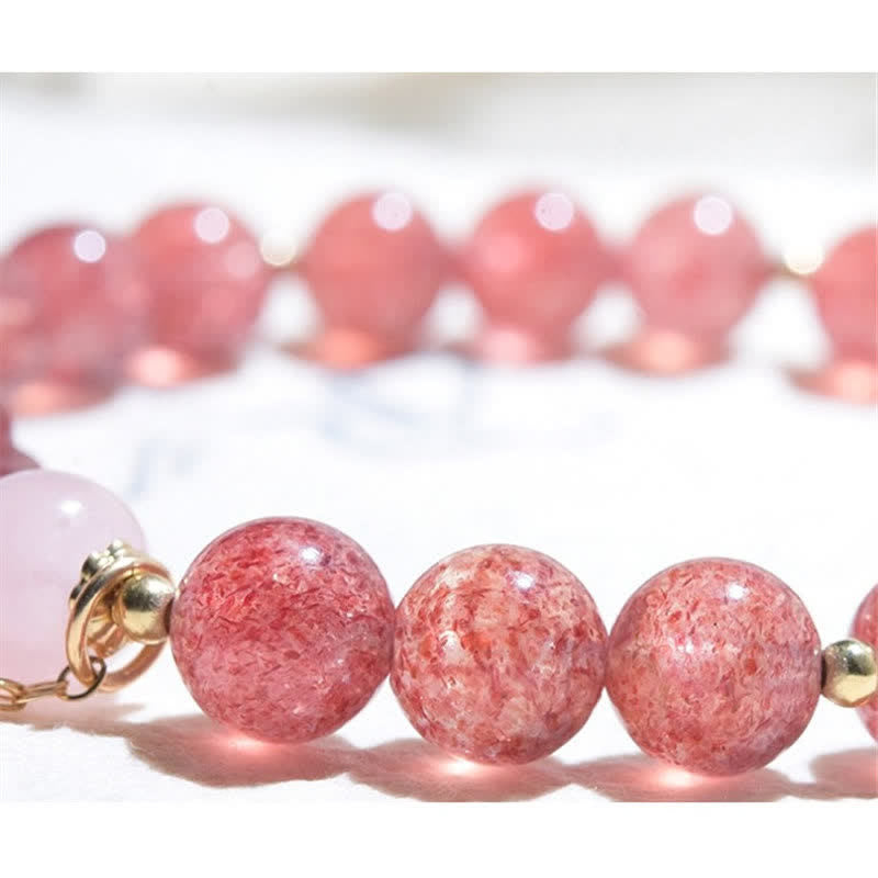 Armband Erdbeerquarz Kristall Katze elastisch Naturstein rosa glänzend