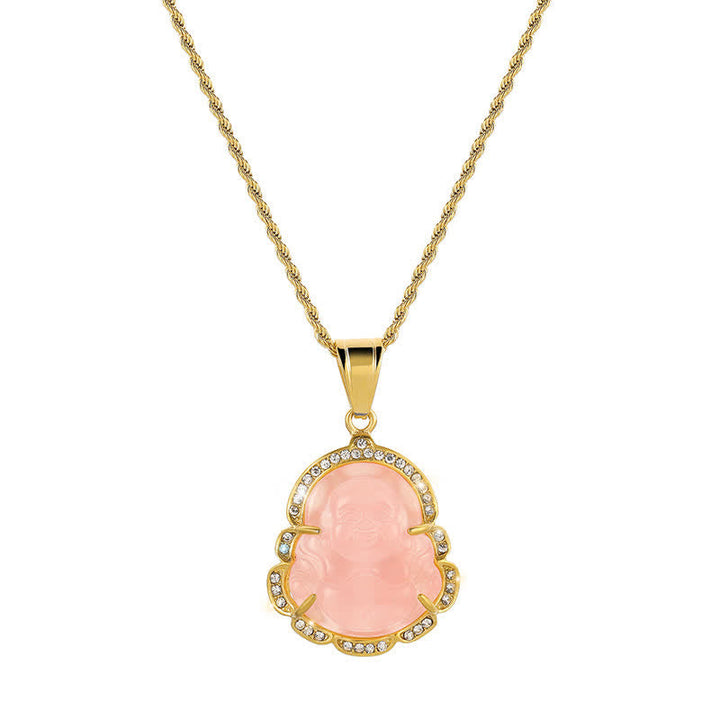 Kette Jade Buddha Lachen rosé Stein Gold Anhänger Kristalle