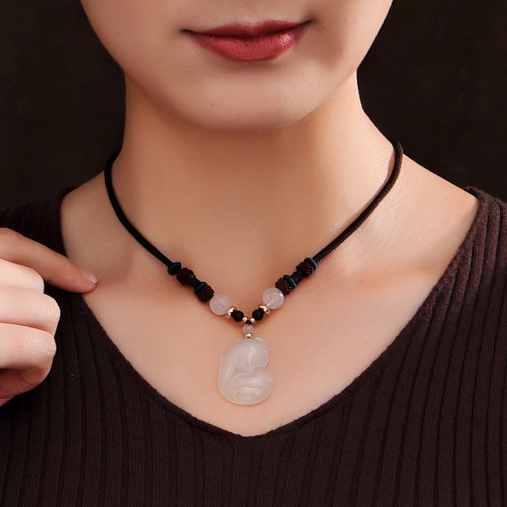 Kette Chalcedon Fuchs Harmonie Anhänger schwarz geflochten