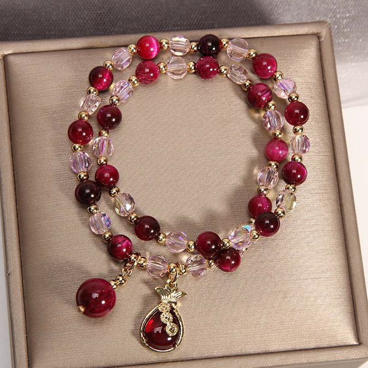 Elegantes Armband mit roten Granaten und rosa Kristallperlen, Pixiu-Anhänger.