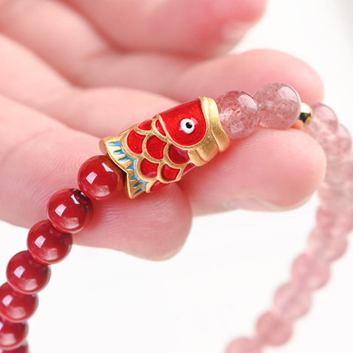 Armband Erdbeerquarz Zinnober Koi Fisch Glück Heilung Naturstein elastisch