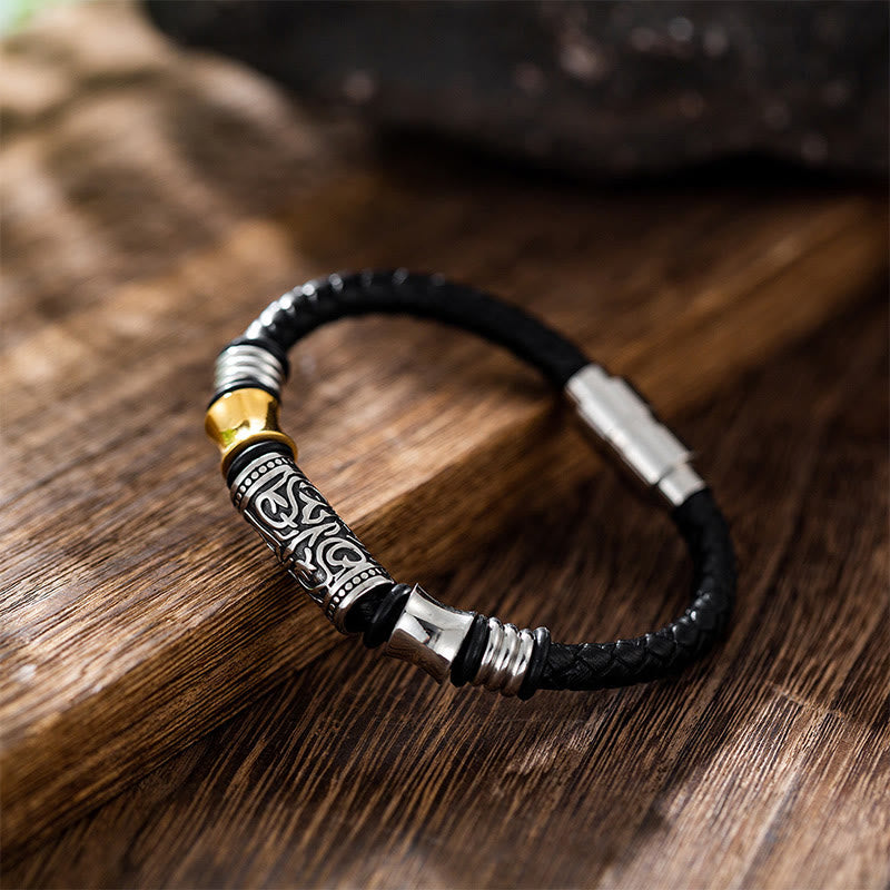 Schwarzes Lederarmband Tang Dynastie Blume Glück Glücksarmband Silber.