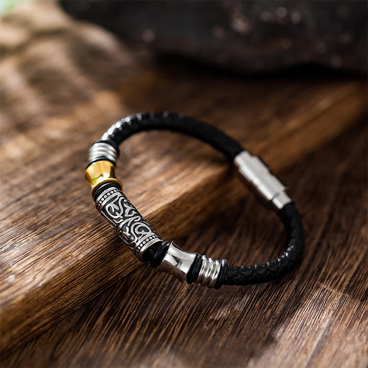 Schwarzes Lederarmband Tang Dynastie Blume Glück Glücksarmband Silber.