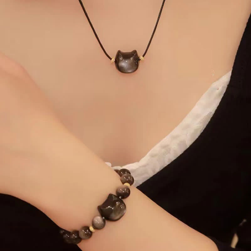 Armband Gold Silber Obsidian Katze - Schutz