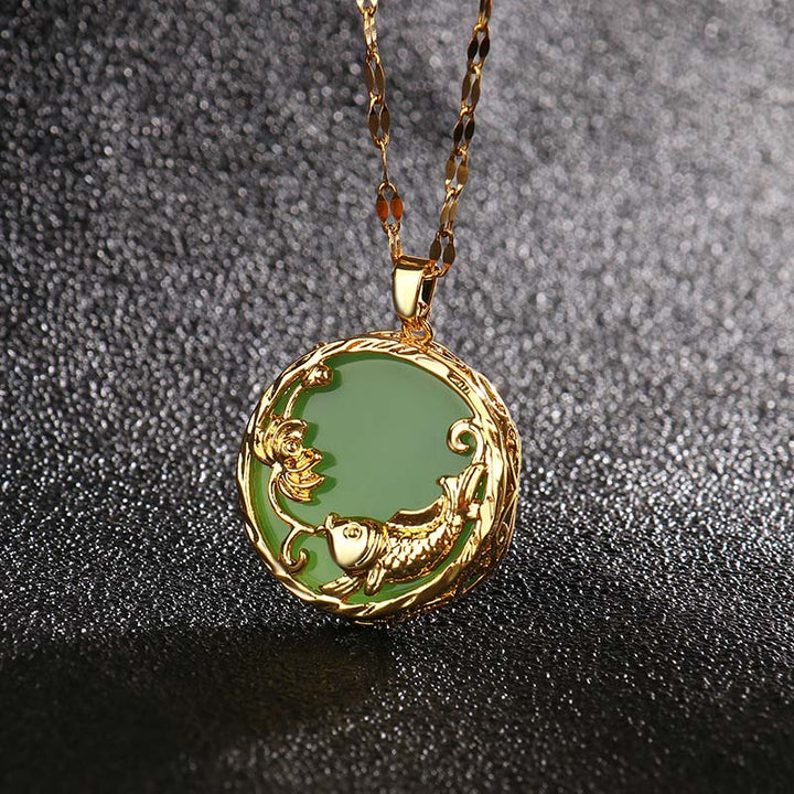 Goldene Kette Jade Koi Lotus Anhänger grüner Naturstein Schmuck