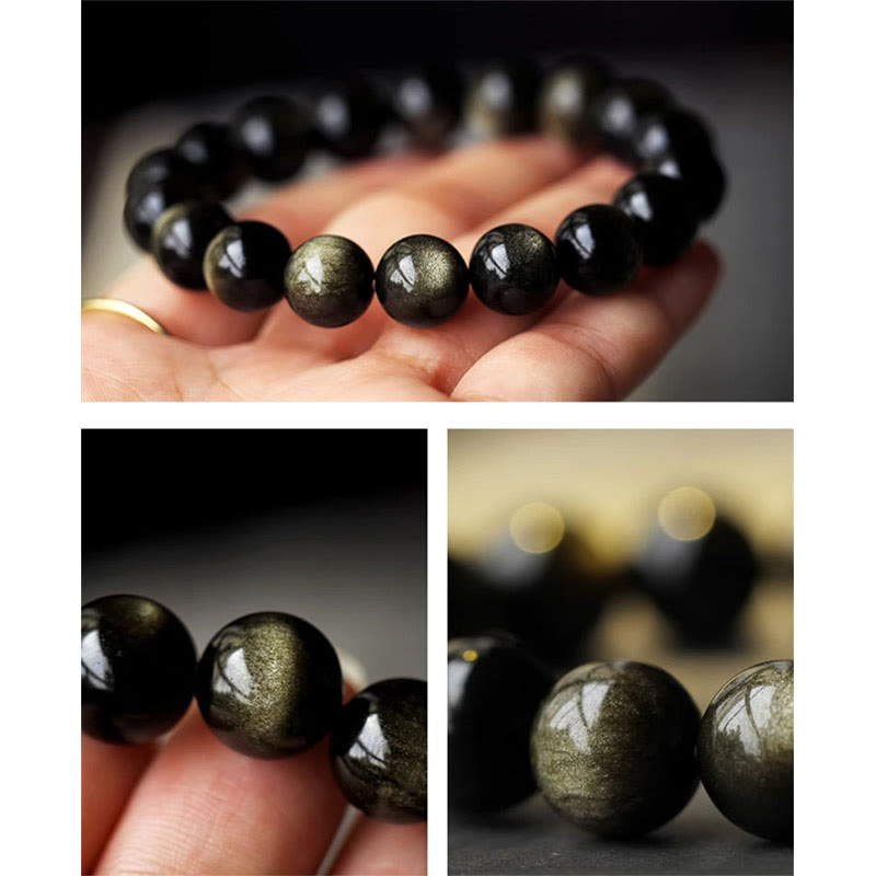 Schwarzes Obsidian Armband mit goldenen Einschlüssen am Handgelenk getragen