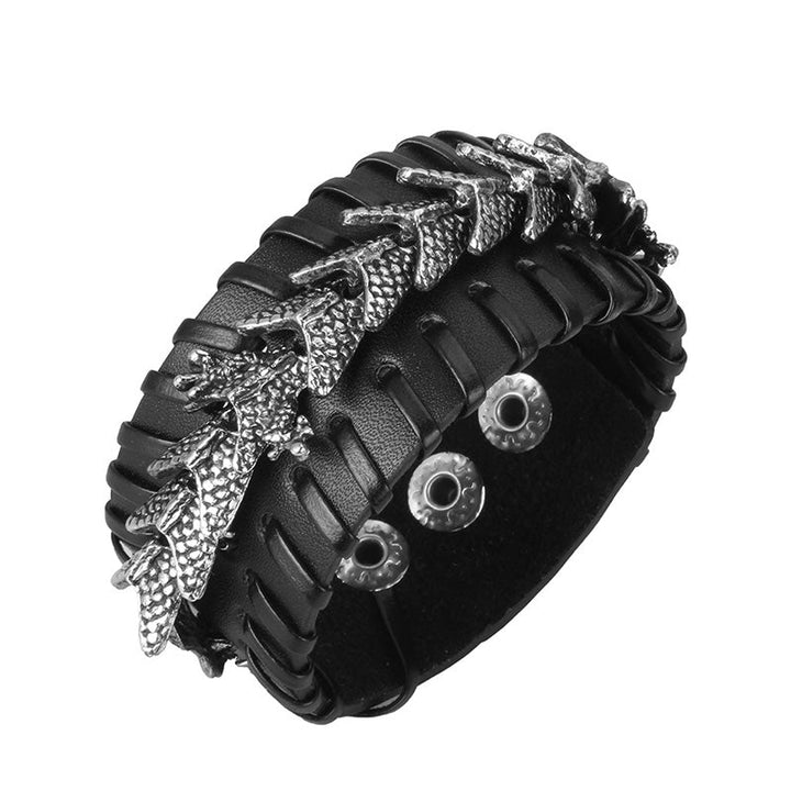 Schwarzes Leder Armband Drachen mit silbernen Nieten und Kette verziert