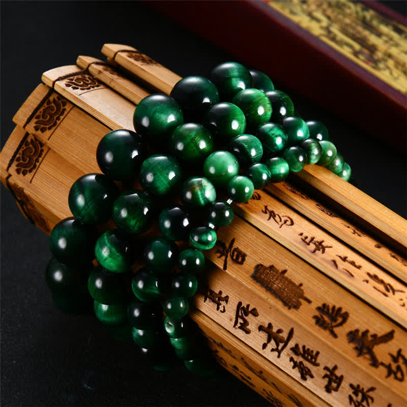 Grünes Tigerauge Armband Stärke glänzende Perlen Holzbox Schmuck