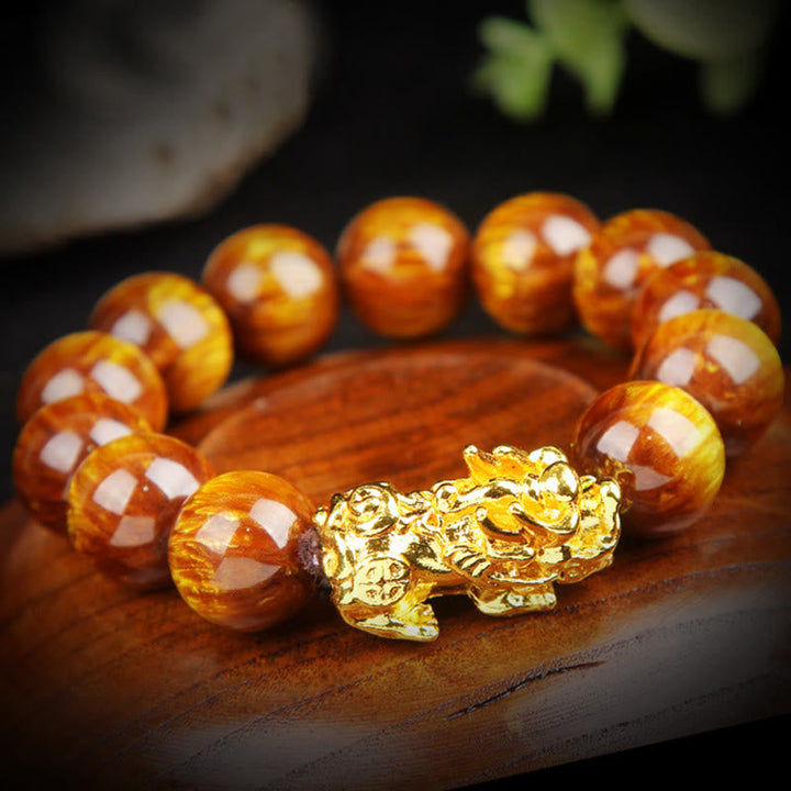 Armband Tigerauge Pixiu – Glück goldener Pixiu Naturstein braun orange