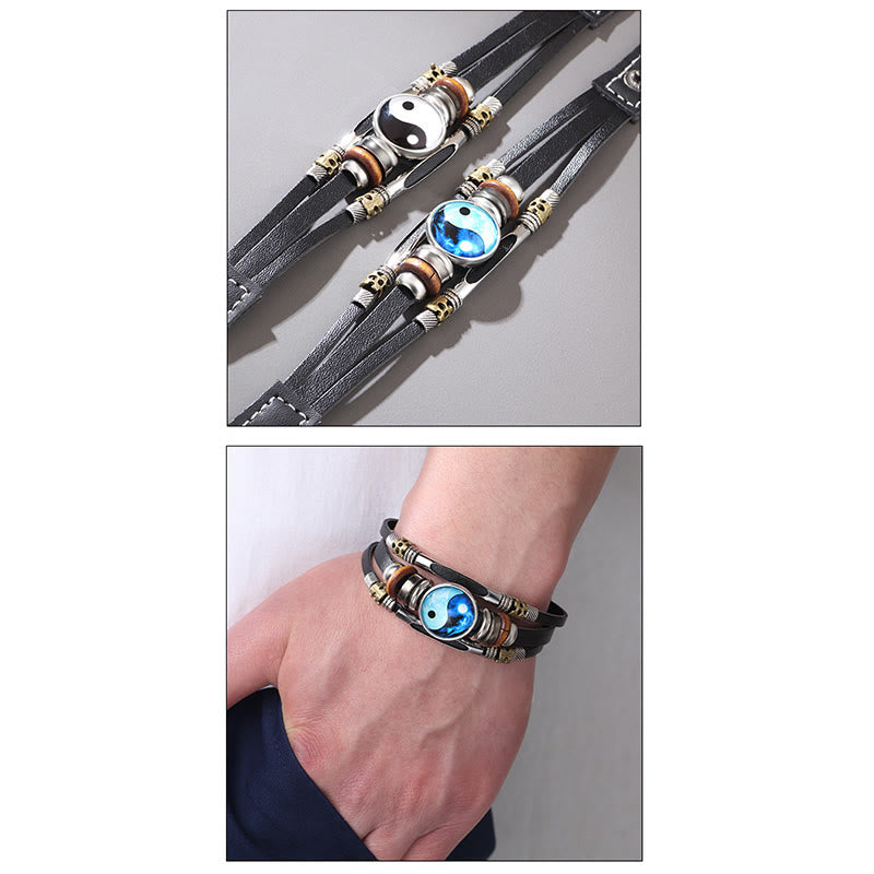 Armband Yin Yang Balance Energie schwarzes Leder Handgelenk getragen