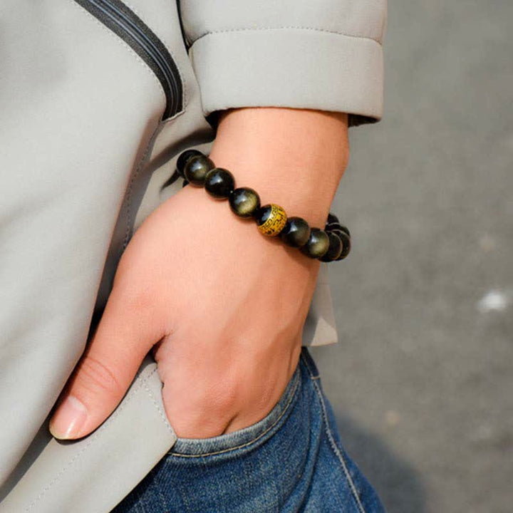 Obsidian Armband Chinesisches Tierkreis am Handgelenk schwarze Perlen vergoldet