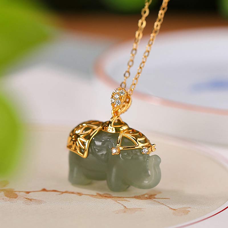 Kette Jade Elefant – Segen & Wohlstand – Bild 4 – Kette Jade Elefant Anhänger goldfarben mit grünem Naturstein Elefant