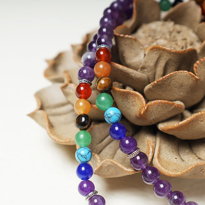 Mala 108 Perlen Kristall Heilung bunte Chakra Perlen Flachlage Holzschale