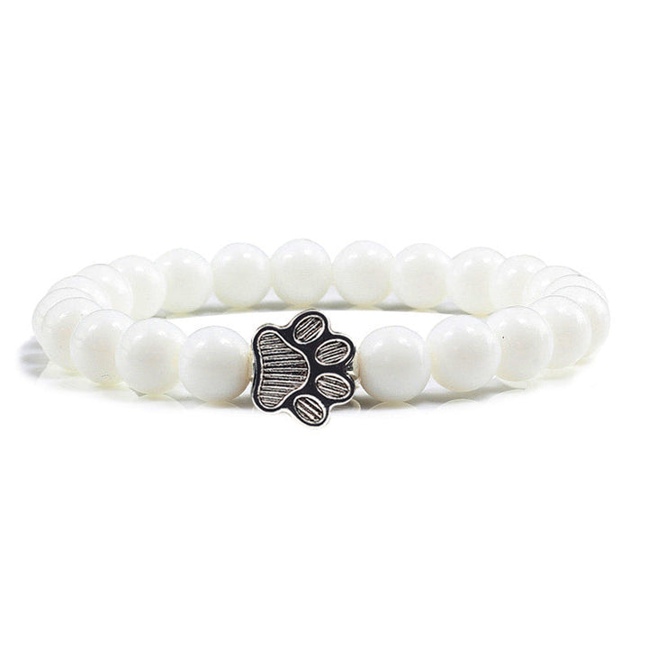 Weißes Perlen Armband Hund Pfote Charm elastisch Naturstein.