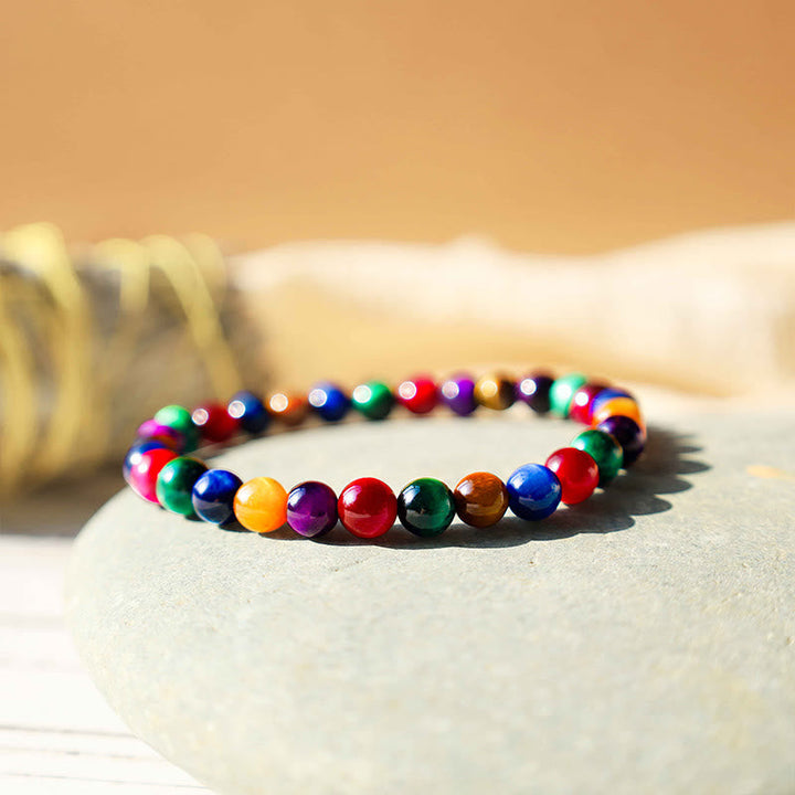 Buntes Armband mit Tigerauge Perlen Mut Elastisch Naturstein