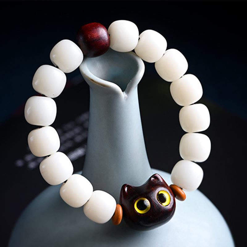 Armband Sandelholz Bodhi Katze – Glück mit weißen Perlen Katze
