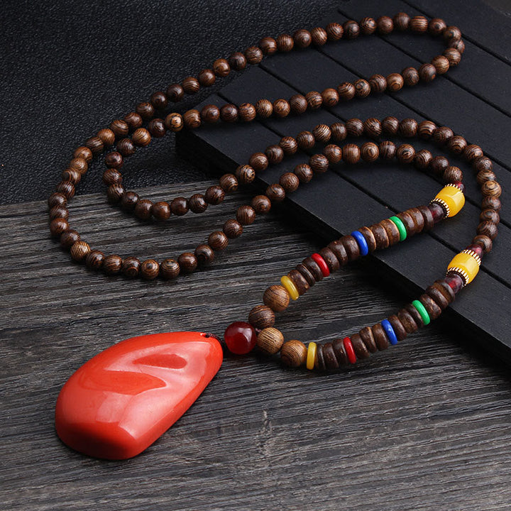 Anhänger Kette Tibetischer Bodhi Achat Harmonie rot Holzperlen