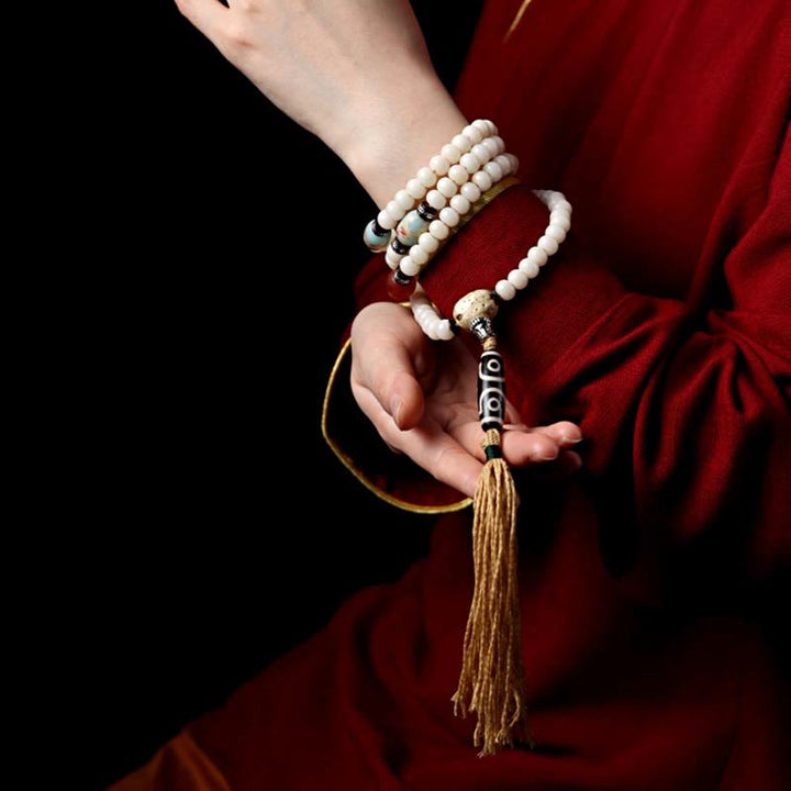 Mala Achat Bodhi – Wohlstand Armband weiße Perlen Quaste elegant