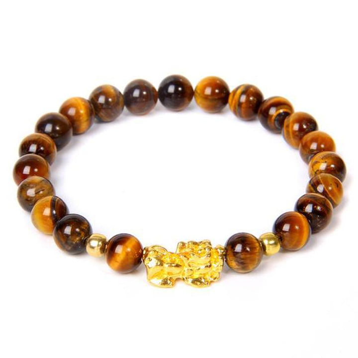 Armband Obsidian Pixiu goldener Pixiu Anhänger braune Tigerauge Perlen Glück
