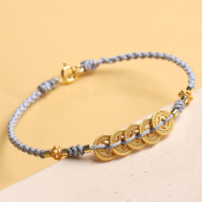 Armband Kupfer Perle Glück graues Seil Gold Münzen elegant