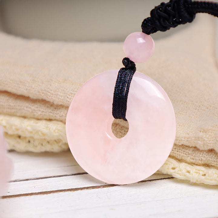 Rosenquarz Jade Münze Kette mit schwarzem Seidenfaden Anhänger