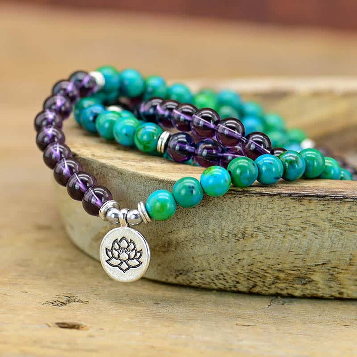 Armband Grüner Aventurin Amethyst Lotus Energieschmuck Naturstein elastisch.