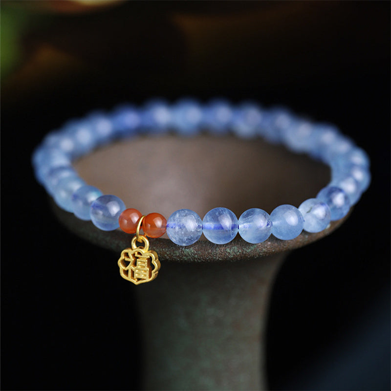 Armband Aquamarin Roter Achat Heilung elastisch Naturstein Goldanhänger
