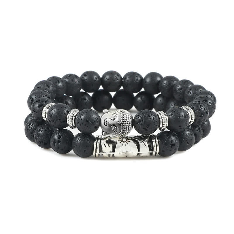 Schwarzes Lava-Achat Armband mit Buddha-Kopf Charm elastisch getragen