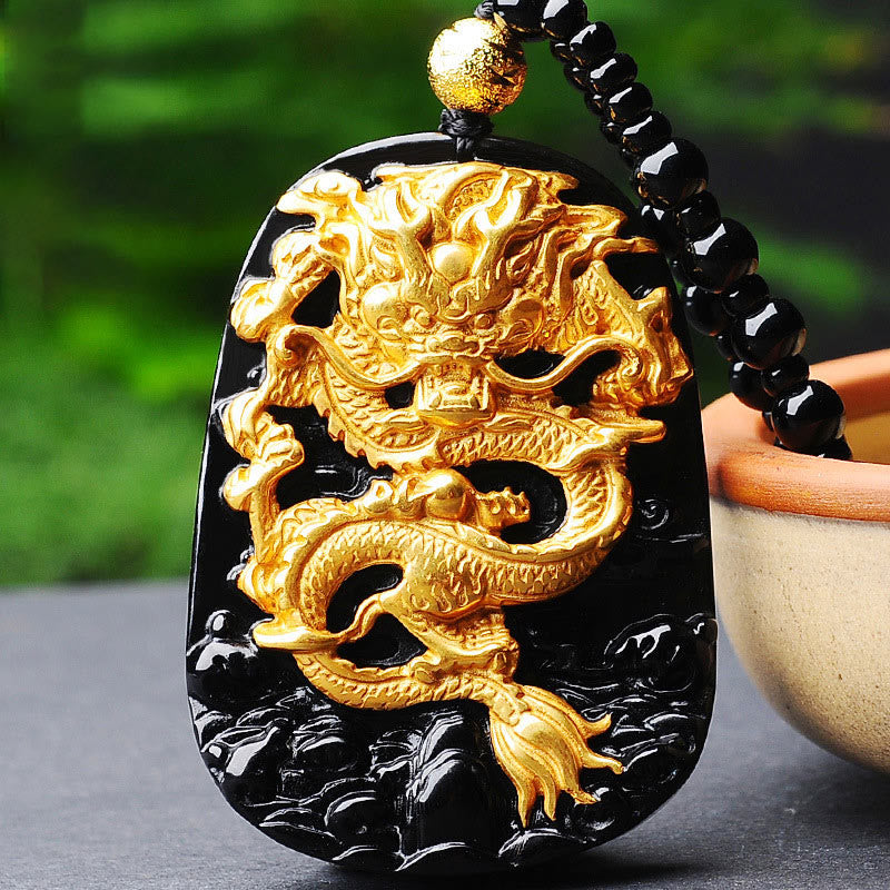 Obsidian Kette mit goldenem Drachen Anhänger schwarzer Stein