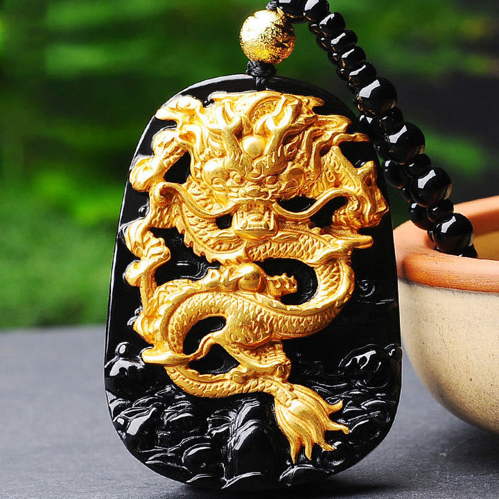 Obsidian Kette mit goldenem Drachen Anhänger schwarzer Stein